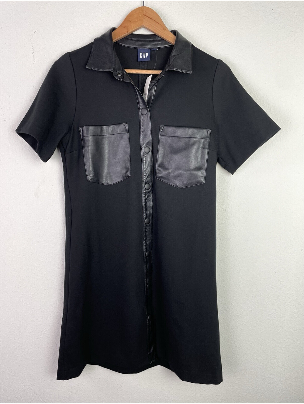 NWT GAP Vegan Leather Trim Mini Shirt Shift Dress Minimalist Petite Small PS